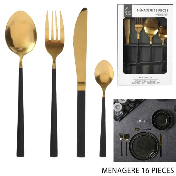 Home Déco Factory Menagère 16 Pieces Doré Et Noir En Acier Inoxydable offre spéciale 1